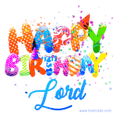 Animated GIF with colorful, festive 'Happy Birthday Lord' text decorated with patterns, a party hat, and falling confetti. A vibrant and cheerful design for birthday celebrations.