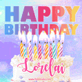 Animated Happy Birthday Cake with Name Lorelai and Burning Candles