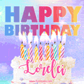 Animated Happy Birthday Cake with Name Lorelei and Burning Candles