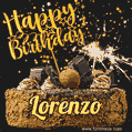 Celebrate Lorenzo's birthday with a GIF featuring chocolate cake, a lit sparkler, and golden stars