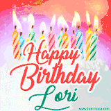Bright birthday candles with rainbow flames on a cake, alongside the text 'Happy Birthday Lori' in vibrant script in this celebratory animated GIF.