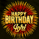 Golden 'Happy Birthday Lori' text accompanied by animated rainbow fireworks for a festive animated greeting.