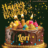 A delightful chocolate birthday cake with bright candles and 'Happy Birthday Lori' written in gold amidst a shower of animated stars.