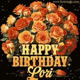 Animated bouquet of orange roses with moving butterfles and golden 'Happy Birthday Lori' text, surrounded by sparkling accents and a dark backdrop for a luxurious feel.