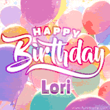 A vibrant name GIF featuring colorful balloons in shades of pink, orange, and yellow with the bold text 'Happy Birthday Lori' in festive fonts, creating a lively birthday vibe.