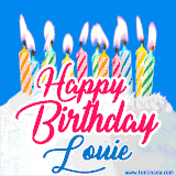 A cheerful animated GIF featuring colorful lit birthday candles on a white cake, with the text 'Happy Birthday Louie' in bold red and blue script on a bright blue background.