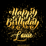 Animated GIF with colorful, festive 'Happy Birthday Louie' text decorated with patterns, a party hat, and falling confetti. A vibrant and cheerful design for birthday celebrations.
