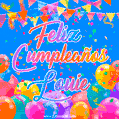 A vibrant animated GIF with 'Feliz Cumpleaños Louie' written in colorful script, surrounded by balloons, confetti, and bunting on a bright blue background.