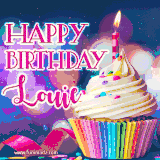 A festive animated GIF featuring a colorful cupcake with a single lit candle, sprinkles, and 'Happy Birthday Louie' text against a sparkling, celebratory background.