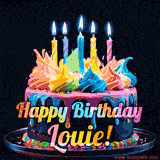 A vibrant animated GIF featuring a colorful rotating birthday cake with bright frosting swirls, glowing candles, and the text 'Happy Birthday Louie!' in rainbow colors.