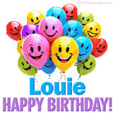 An animated birthday-themed name GIF with colorful smiling balloons and bold 'Louie, Happy Birthday!' text for a celebratory touch.