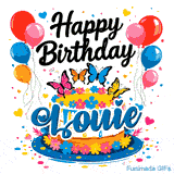 Festive birthday card featuring the name Louie in blue script across a drip cake with butterflies and balloons.