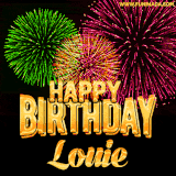 A captivating GIF with bursts of green, pink, and orange fireworks lighting up the night sky, accompanied by 'Happy Birthday Louie' in glowing golden text.