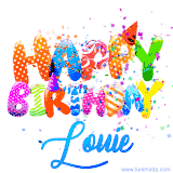 Animated GIF with colorful, festive 'Happy Birthday Louie' text decorated with patterns, a party hat, and falling confetti. A vibrant and cheerful design for birthday celebrations.