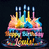 A vibrant animated GIF featuring a colorful rotating birthday cake with bright frosting swirls, glowing candles, and the text 'Happy Birthday Louis!' in rainbow colors.