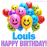 An animated birthday-themed name GIF with colorful smiling balloons and bold 'Louis, Happy Birthday!' text for a celebratory touch.