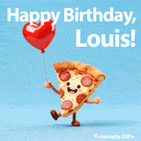 A cheerful pizza character with a heart balloon on a light blue background for Louis