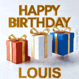 High-quality animated GIF wishing Happy Birthday to Louis featuring a trio of elegant gift boxes with golden ribbons moving in a seamless loop