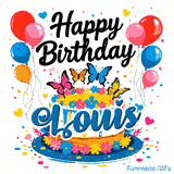 A colorful cake topped with pink, orange, blue, and yellow butterflies, designed as a birthday GIF for Louis.