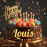Festive birthday card animation with a chocolate cake, bright lit candles, and gold glittery text saying Happy Birthday Louis.