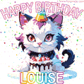 Cute cosmic cat with a birthday cake for Louise surrounded by a shimmering array of rainbow stars