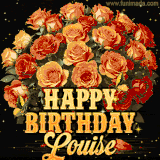 Animated bouquet of orange roses with moving butterfles and golden 'Happy Birthday Louise' text, surrounded by sparkling accents and a dark backdrop for a luxurious feel.