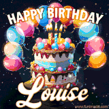 Bright birthday animation for Louise with a chocolate cake, candles, balloons, and glowing celebratory lights.