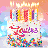 A cheerful white birthday cake with multicolor sprinkles, lit candles, and 'Louise' written in vibrant letters, in an animated GIF.