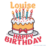 Cartoon birthday cake with a red bow, glowing candles, and 'Louise Happy Birthday' text in bold animated style.