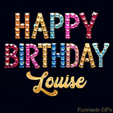 Vibrant luxury birthday greeting card for Louise, showing glittering gemstone letters and golden calligraphy on a dark background with twinkling shine effects.