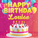 Pink-themed animated greeting with balloons, confetti, and a frosted cake under the message 'Happy Birthday Louise' in bold rounded yellow font.