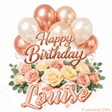 Classy Happy Birthday Louise looping GIF with pastel balloons and greenery
