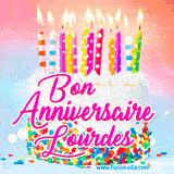 A white birthday cake covered in colorful sprinkles, topped with bright candles, and French text 'Bon Anniversaire Lourdes' on a pastel gradient background in an animated GIF.