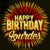 Golden 'Happy Birthday Lourdes' text accompanied by animated rainbow fireworks for a festive animated greeting.