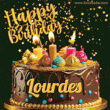 A delightful chocolate birthday cake with bright candles and 'Happy Birthday Lourdes' written in gold amidst a shower of animated stars.
