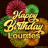 Golden text reading 'Happy Birthday Lourdes' surrounded by vibrant fireworks in red, green, and yellow, set against a dark background in this celebratory birthday GIF.