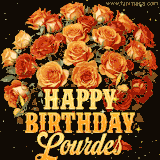 Animated bouquet of orange roses with moving butterfles and golden 'Happy Birthday Lourdes' text, surrounded by sparkling accents and a dark backdrop for a luxurious feel.