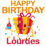 A vibrant and funny gift box character with a happy face dancing with a cupcake and the text 'Happy Birthday Lourdes,' surrounded by animated confetti and party vibes.