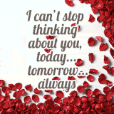 White background with scattered red rose petals and elegant script text reading 'I can't stop thinking about you, today... tomorrow... always'.