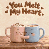 Two cute 3D cartoon mugs, one pink and one blue with smiling faces, hugging each other on a wooden surface, with hot cocoa steam forming a heart shape under the chocolate text  You Melt My Heart.