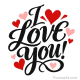 Animated love GIF displaying artistic black cursive typography with the phrase I Love You decorated by multiple flat red and pink hearts of different sizes.