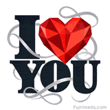 An animated romantic GIF showing bold dark letters for the words I and You arranged around a large 3D faceted ruby red heart with decorative silver swirls.