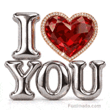 A premium animated romantic GIF displaying bold 3D reflective silver typography alongside a heart-shaped ruby gemstone framed by sparkling pave diamonds.