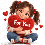 A heartwarming animated GIF of a cute 3D cartoon girl sitting cross-legged and squeezing a big fuzzy red pillow with the words For You written on it.
