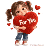A lovely animated romantic GIF showcasing a smiling 3D cartoon girl with pigtails wearing a heart patterned sweater and hugging a huge fuzzy red plush heart with the text For You.