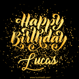 Animated GIF with colorful, festive 'Happy Birthday Lucas' text decorated with patterns, a party hat, and falling confetti. A vibrant and cheerful design for birthday celebrations.