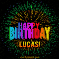 A colorful animated GIF featuring the text 'Happy Birthday Lucas!' in rainbow colors with a dynamic iridescent firework display in the background.