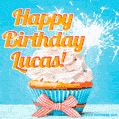 A cheerful animated GIF of a cupcake with creamy frosting, a red checkered ribbon, and a bright sparkler on top. The text 'Happy Birthday Lucas!' is displayed in vibrant orange and red.
