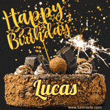 Animated GIF featuring the text 'Happy Birthday Lucas' written in glittering gold above the luxurious chocolate birthday cake adorned with truffles, gold stars, and sparklers.