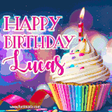 A festive animated GIF featuring a colorful cupcake with a single lit candle, sprinkles, and 'Happy Birthday Lucas' text against a sparkling, celebratory background.